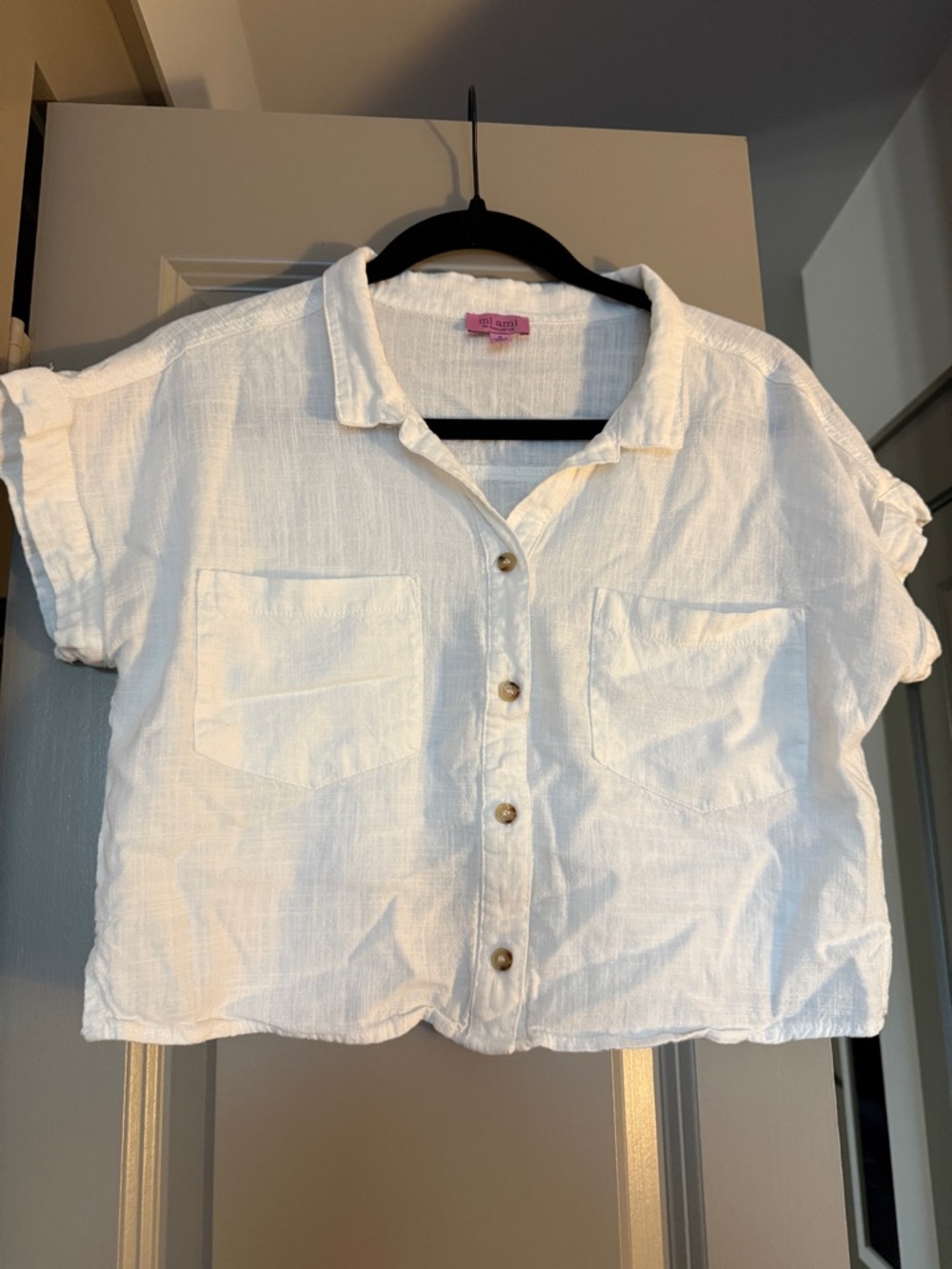 miami White Short-Sleeve Button Down Linen Crop Shirt, basic white tees x2